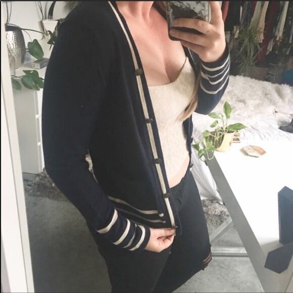 UO Silence Noise Navy Blue White Stripe School Girl Open Cardigan Sweater L - Picture 5 of 7